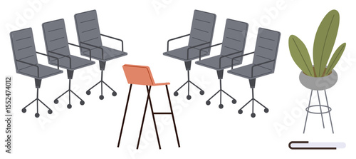 Office setting with five gray chairs, one red chair, potted plant, and progress bar. Ideal for teamwork, collaboration, presentation, creativity leadership innovation and minimalism themes. Simple