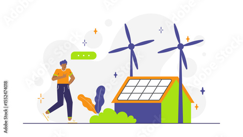 Man jogging near a solar powered home with wind turbines. Suitable for ecofriendly lifestyle, renewable energy, sustainable living concepts.