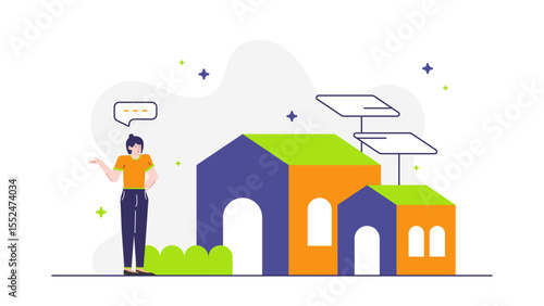 Woman contemplates ecofriendly solar house design solution. Suitable for sustainable living, energy efficient home, renewable energy concepts.