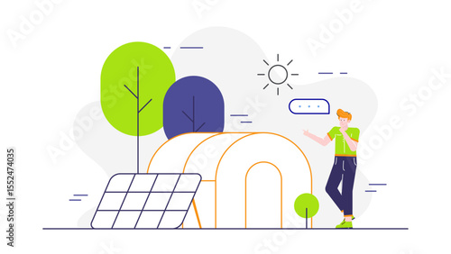 Man stands near solar powered greenhouse. Suitable for ecofriendly concepts, agriculture, renewable energy, technology, sustainable living, and environmental innovation projects.