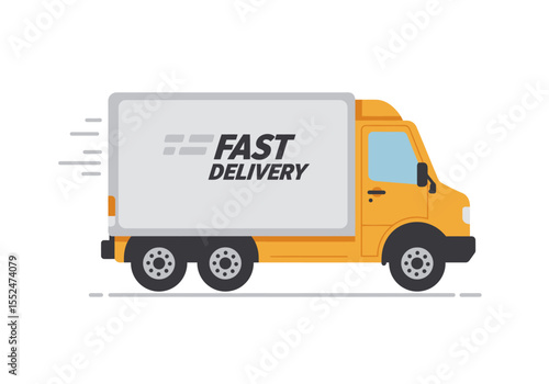 A yellow delivery truck with Fast Delivery on its side drives fast
