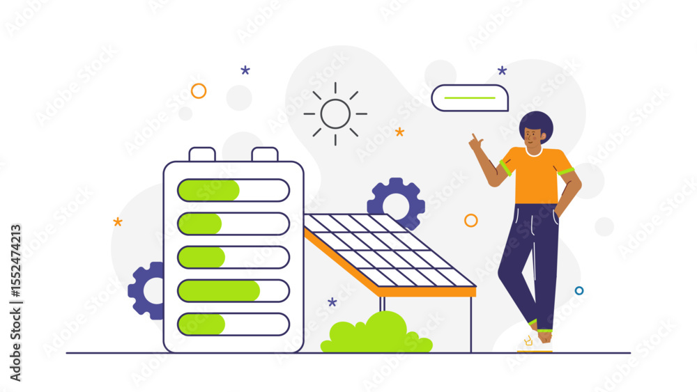 Person near solar panels charging a battery. Suitable for ecofriendly energy concept, renewable power sources, sustainable technology, green living visuals.