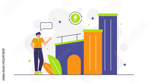 Man presenting a renewable energy concept. Suitable for environmental presentations, sustainable energy articles, green technology blog posts, renewable energy brochures.