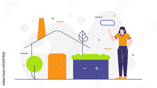 Woman explaining green energy solutions. Suitable for environmental presentations, renewable energy websites, educational materials, and sustainability campaigns.