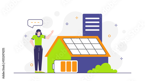 Woman near solar powered house with full battery. Ideal for sustainability, green energy, ecofriendly concepts in marketing materials or blog posts.