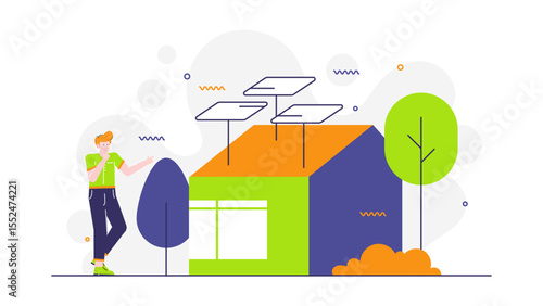 Man presenting a solar powered house, ideal for sustainable living, ecofriendly architecture, green energy concepts, renewable energy solutions presentations.