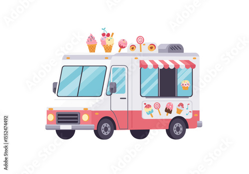 An ice cream truck is adorned with various frozen treats