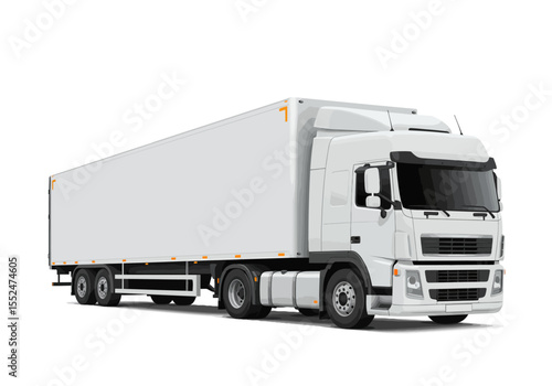 An isolated white semitrailer truck is parked with its shadow visible