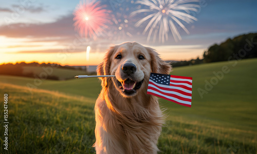 Golden Retriever Dog Holding American Flag During Fireworks Celebration in Sunset Field