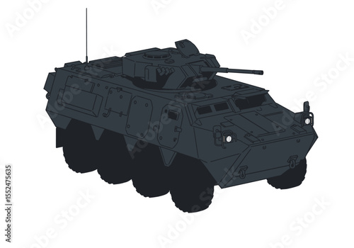 Dark stylized armored vehicle with six wheels and a turret