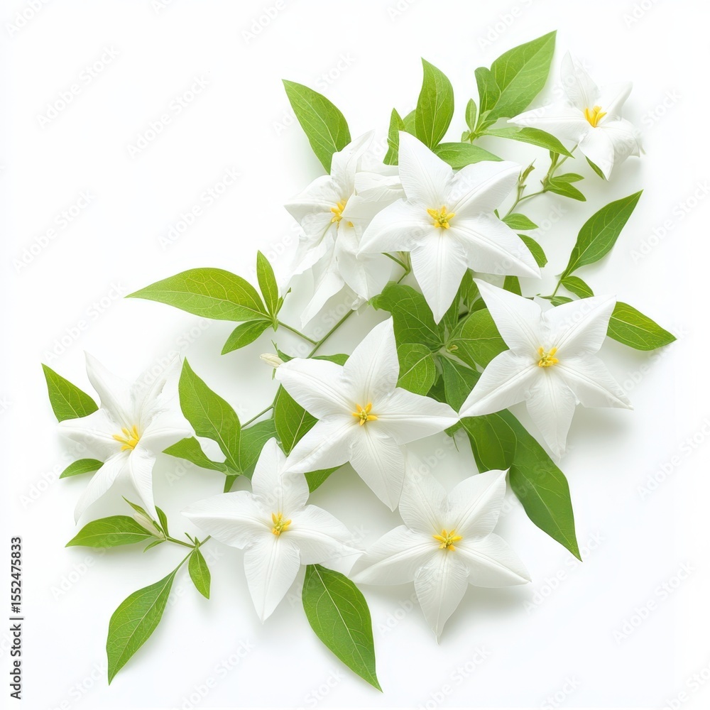 Obraz premium Delicate white star shaped flowers with green leaves isolated on white background