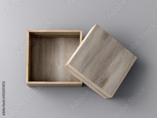 A light-grey background showcases a partially open square wooden box, revealing its empty, light-brown interior. The wood grain is visible on both the lid and base