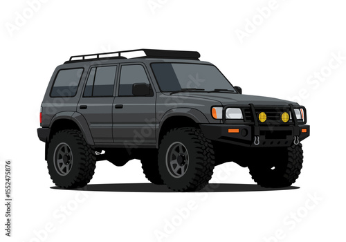 Gray fourdoor SUV with black roof rack and front bumper on a white background