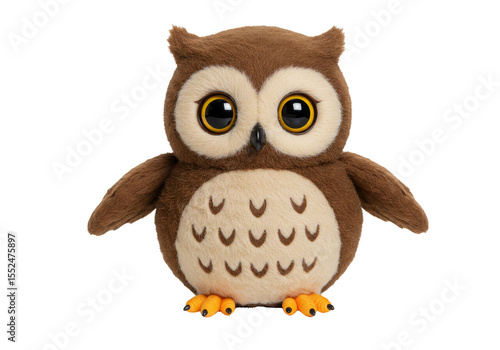 Isolated Transparent Background Plush Owl with Brown Fur and Big Eyes