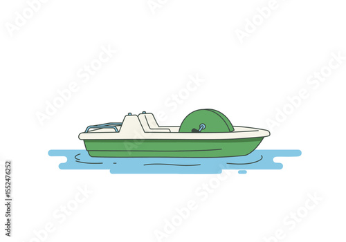 Green  white paddle boat on blue water with rounded details  outlines