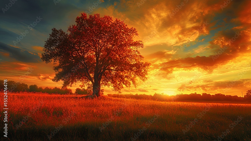 Fototapeta premium Majestic tree silhouetted against a vibrant sunset sky.