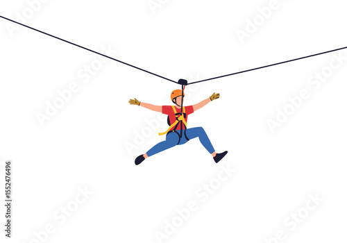 Person ziplining with helmet harness gloves legs stretched arms out against white