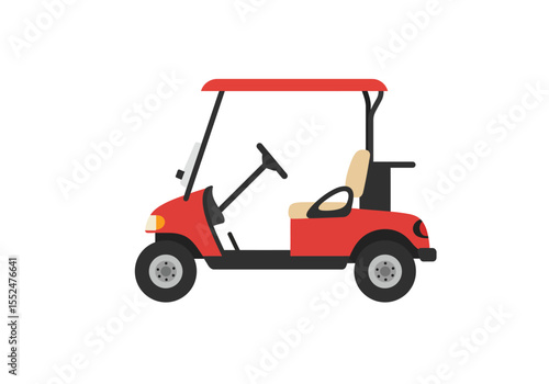 Red golf cart with tan seat black steering wheel and black tires on a white background