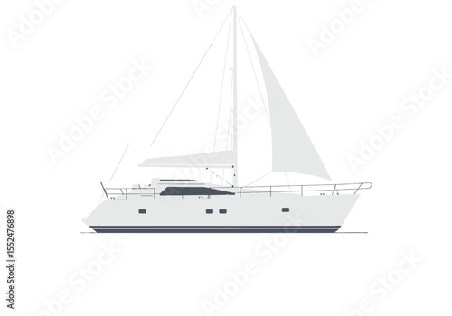 Side view of a sailboat showcasing sails rigging and hull details
