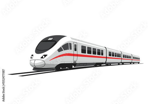 Sleek highspeed train with multiple passenger cars on a dark gray railway