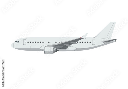 White airplane with wing engines seen from its side against a plain white background