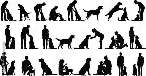 Dog training silhouette, people with dogs, pet obedience, dog owner interaction, dog commands vector, canine bonding, silhouette illustration