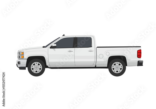 White pickup truck side view detailed illustration against a white background
