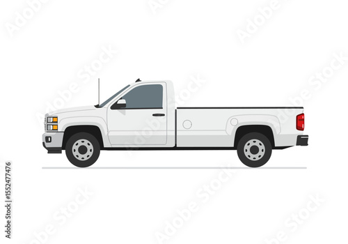 White pickup truck side view with antenna on a plain background
