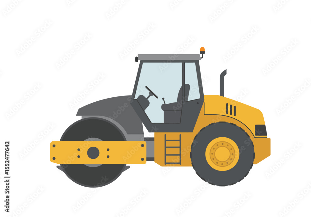 Yellow grey road roller machine w cylindrical front wheel ladders to seat against a white background Yellow grey road roller machine w cylindrical front wheel ladders to seat against a white background
