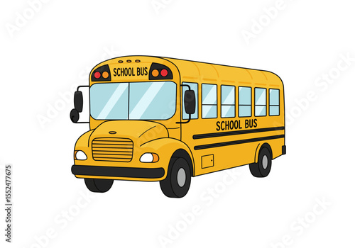 Yellow school bus with black details large windows and SCHOOL BUS signage