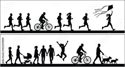 People running, cycling, walking dogs, family with stroller, joyful jump, kite flying, outdoor activity silhouette, healthy lifestyle, community park fun