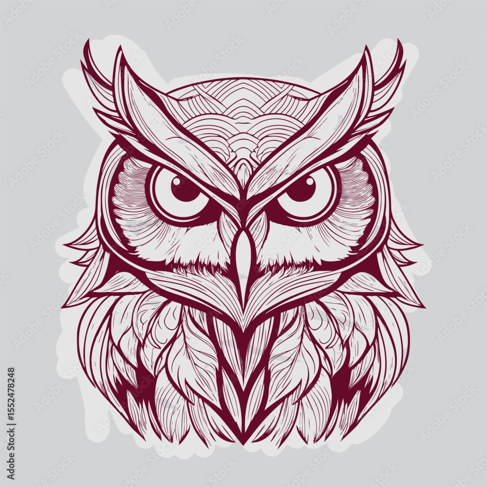 Owl Head Illustration with Tribal Line Art and Deep Eyes on Grey Background Owl Head Illustration with Tribal Line Art and Deep Eyes on Grey Background