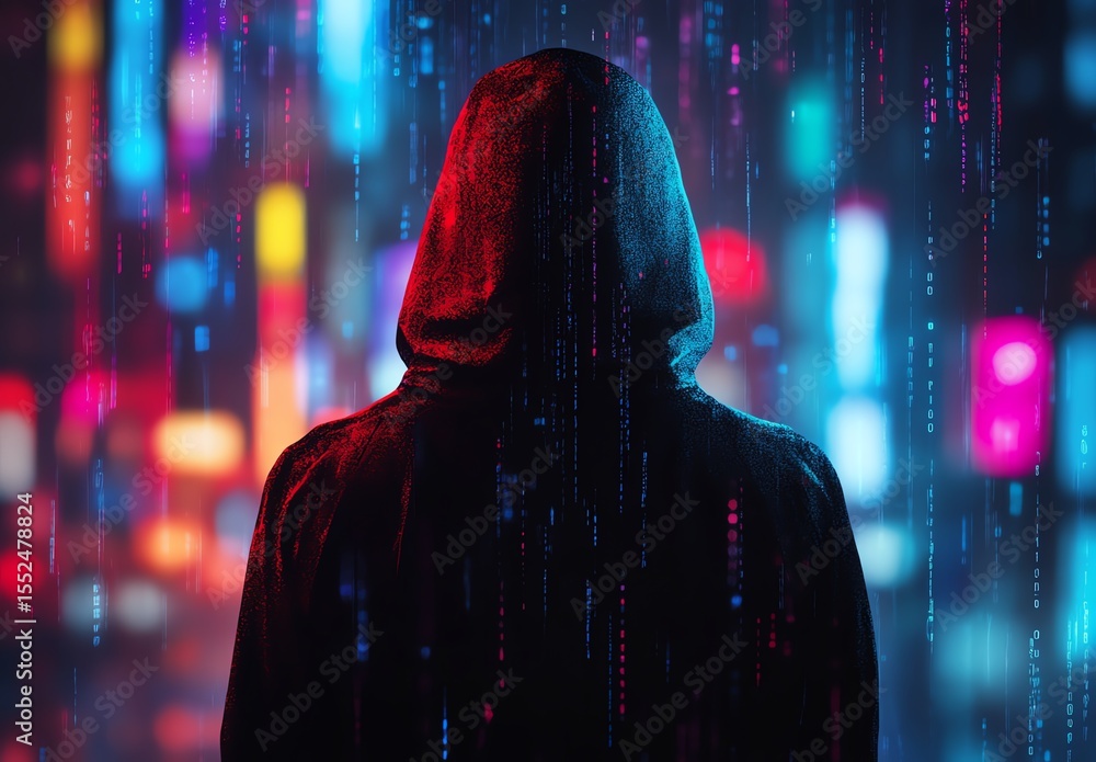 A mysterious figure in a hooded jacket stands against a neon-lit digital rain backdrop, symbolizing hacking or cyber intrusion in a futuristic tech environment. A mysterious figure in a hooded jacket stands against a neon-lit digital rain backdrop, symbolizing hacking or cyber intrusion in a futuristic tech environment.
