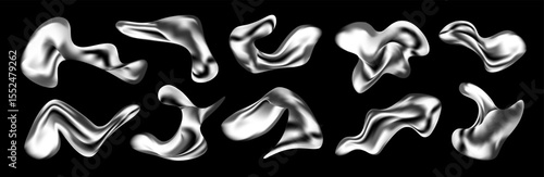 3D liquid chrome shapes and molten silver blobs in futuristic Y2K style. Abstract metallic elements with glossy texture and fluid curves. Iridescent forms with holographic flow and gradient shine. Eps