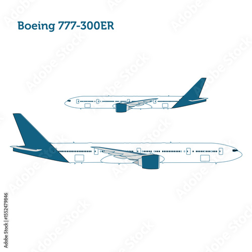 Detailed Side View of Boeing 777-300ER Twin-Engine Long-Range Wide-Body Jet Airliner Aircraft