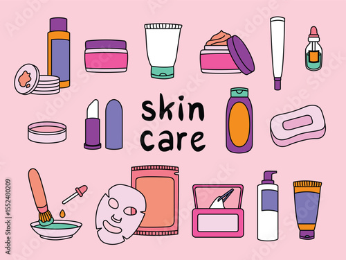set of skin care vector flat illustration. Bundle skin care hand drawn doodles.