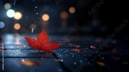 A Lone Leaf in Autumn Rain: A vibrant red leaf rests on a rain-slicked surface. capturing the serene beauty and melancholy of autumn amidst the soft glow of blurred background lights. 