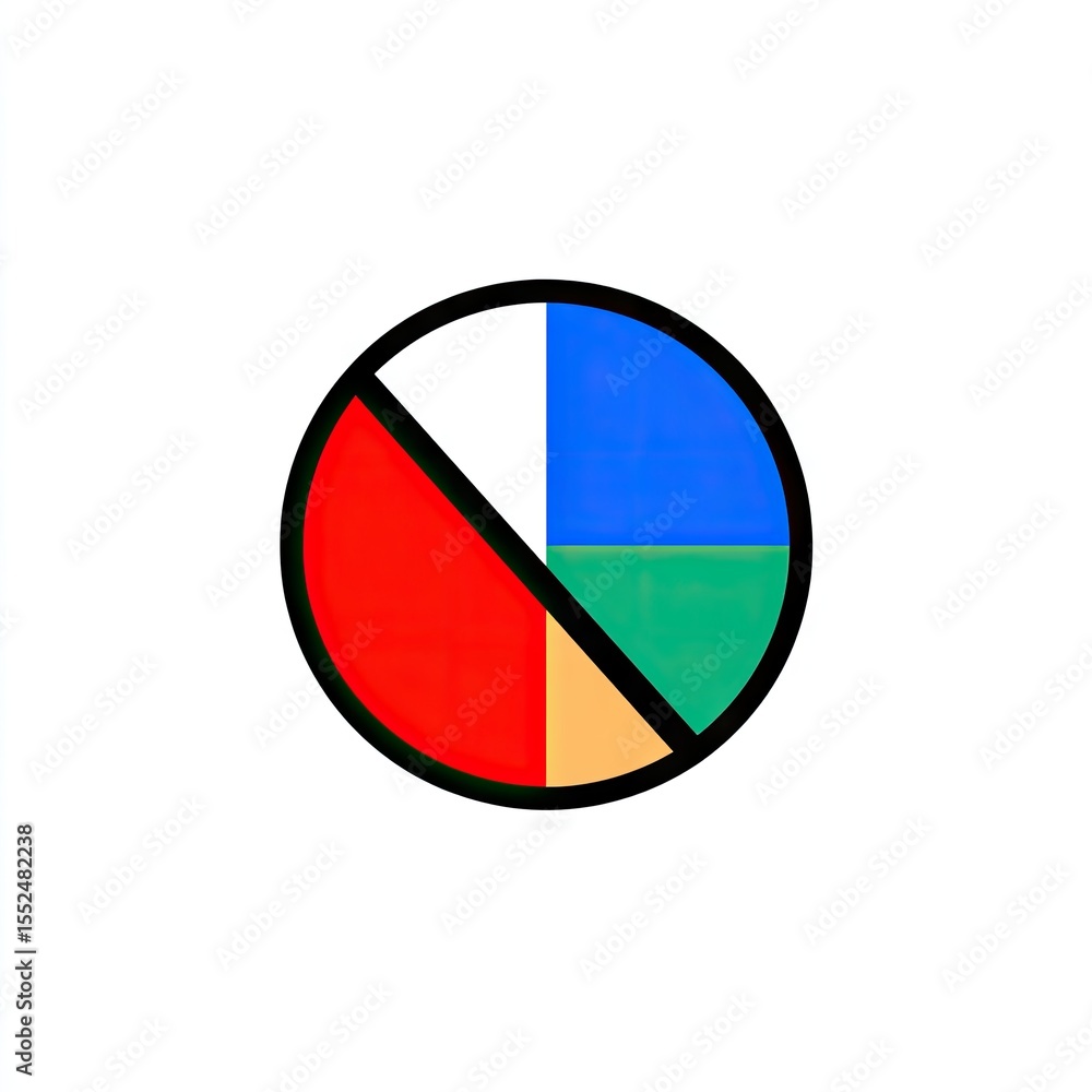 A quartered circle displays red, white, blue, and green segments, separated by thin black lines. A small, thin, orange segment lies between red and green A quartered circle displays red, white, blue, and green segments, separated by thin black lines. A small, thin, orange segment lies between red and green