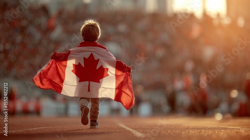 Child with Canadian flag. Happy Canada day. Little boy running with national flag cheering for Canada in football or hockey game. Canadian supporter excited after victory.