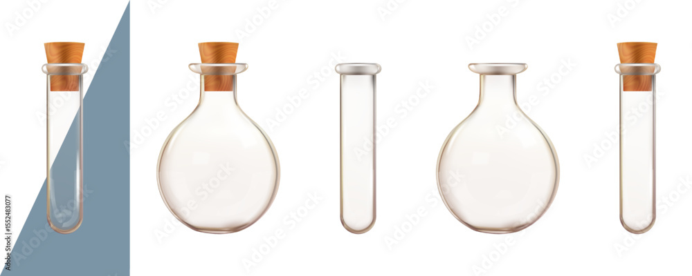 Fototapeta premium Transparent empty test tube, water bottle for chemical analysis. 3d lab flask with plug cork, chemistry laboratory isolated equipment. Pure or dirty water biologic disease research. Medical glassware