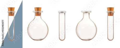 Transparent empty test tube, water bottle for chemical analysis. 3d lab flask with plug cork, chemistry laboratory isolated equipment. Pure or dirty water biologic disease research. Medical glassware