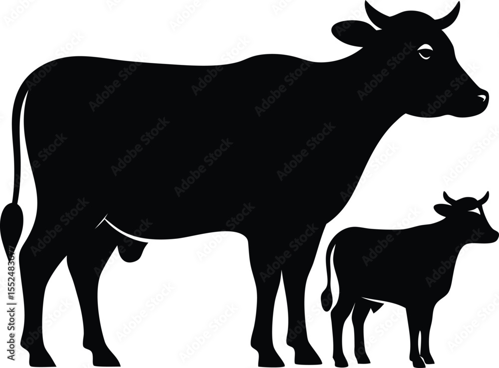 Fototapeta premium Cow and calf silhouette, Cow icon vector. Calf illustration sign. Farm symbol