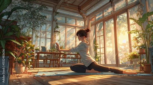 Anime Girl Practicing Yoga Indoors Surrounded by Lush Green Plants