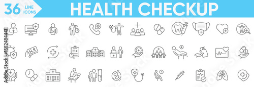 Health Checkup icon set.Heart rate, stethoscope, instruments, research, organs, tests, viruses, temperature, Scan, test, monitor, dental, urine test and more.Vector and illustrator set.