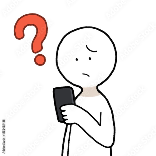スマホを操作しながらはてなマークを浮かべる人のイラスト