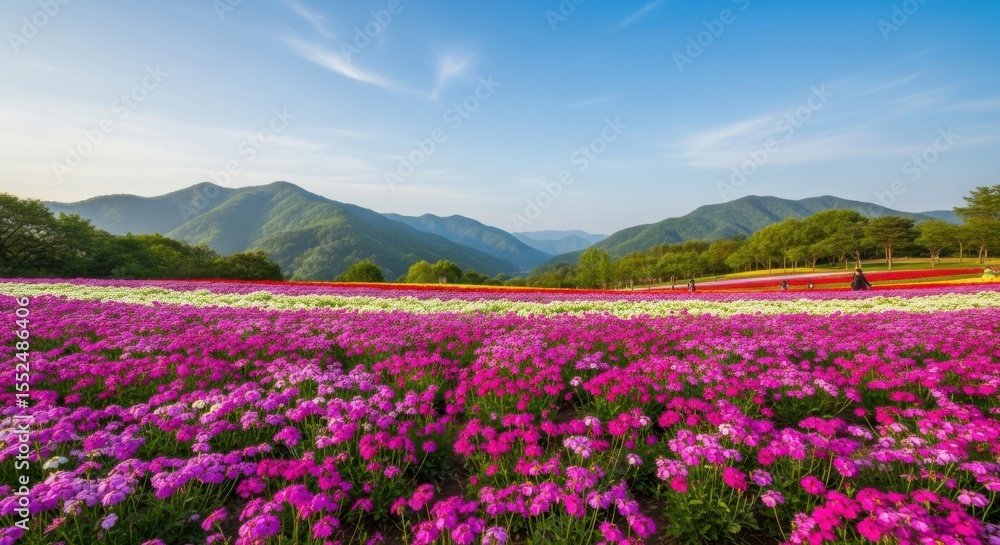 Obraz premium Vast field of blooming flowers under a clear blue sky with rolling green hills in the background