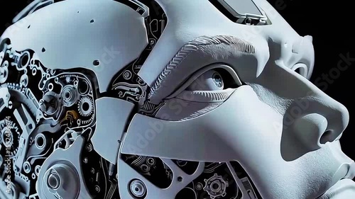 Artificial intelligence dominance, a female robot with metal sking on face awakening, opening digital eyes, cyberpunk concept on transparent background