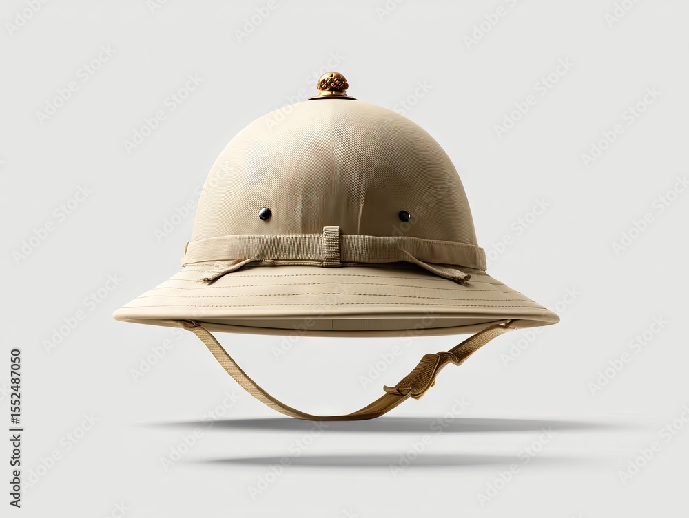 Fototapeta premium A tan pith helmet with a wide brim, leather chinstrap, and small brass knob atop. It casts a subtle shadow on a light gray background
