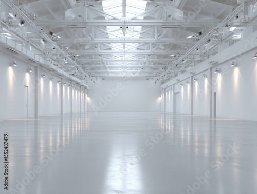 A vast, minimalist white industrial space with high ceilings, exposed metal framework, and polished concrete floors, illuminated by strategically placed lights