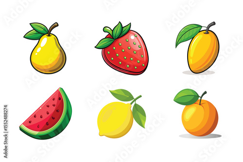 Vector illustration of six different fresh and delicious fruits isolated on a white background